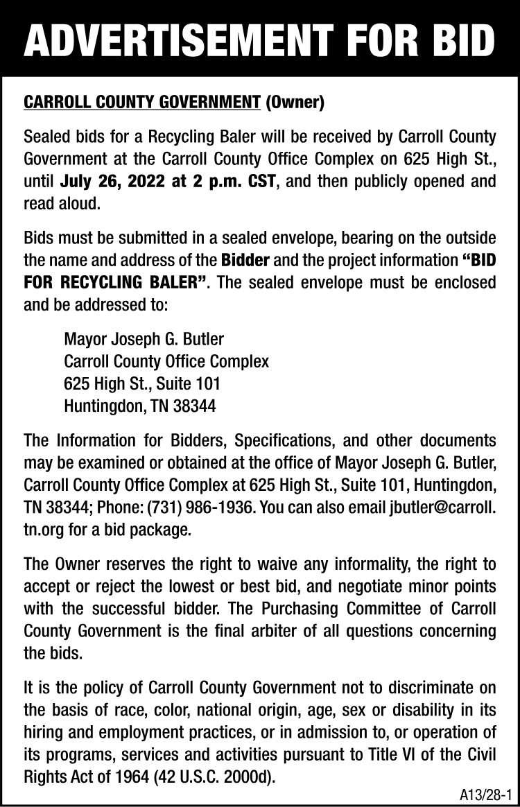 Advertisement for Bid - Recycling Baler