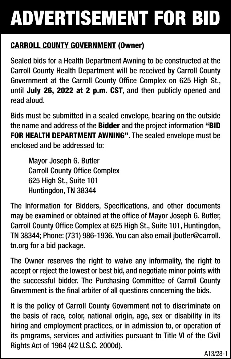 Advertisement for Bid - Health Dept Awning