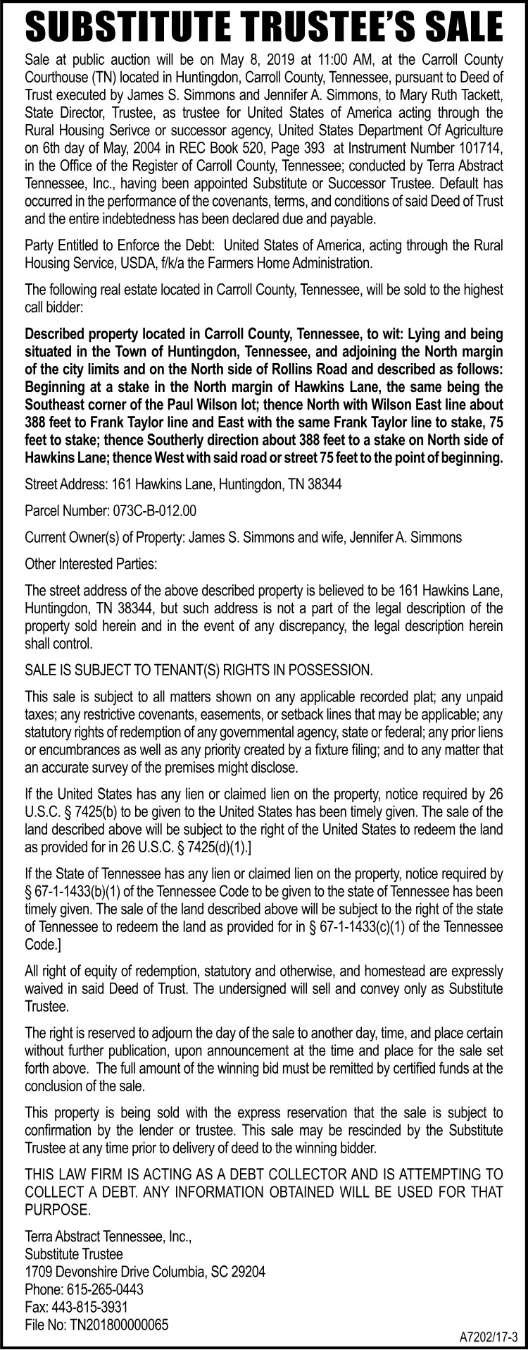Notice of Substitute Trustee's Sale - SIMMONS