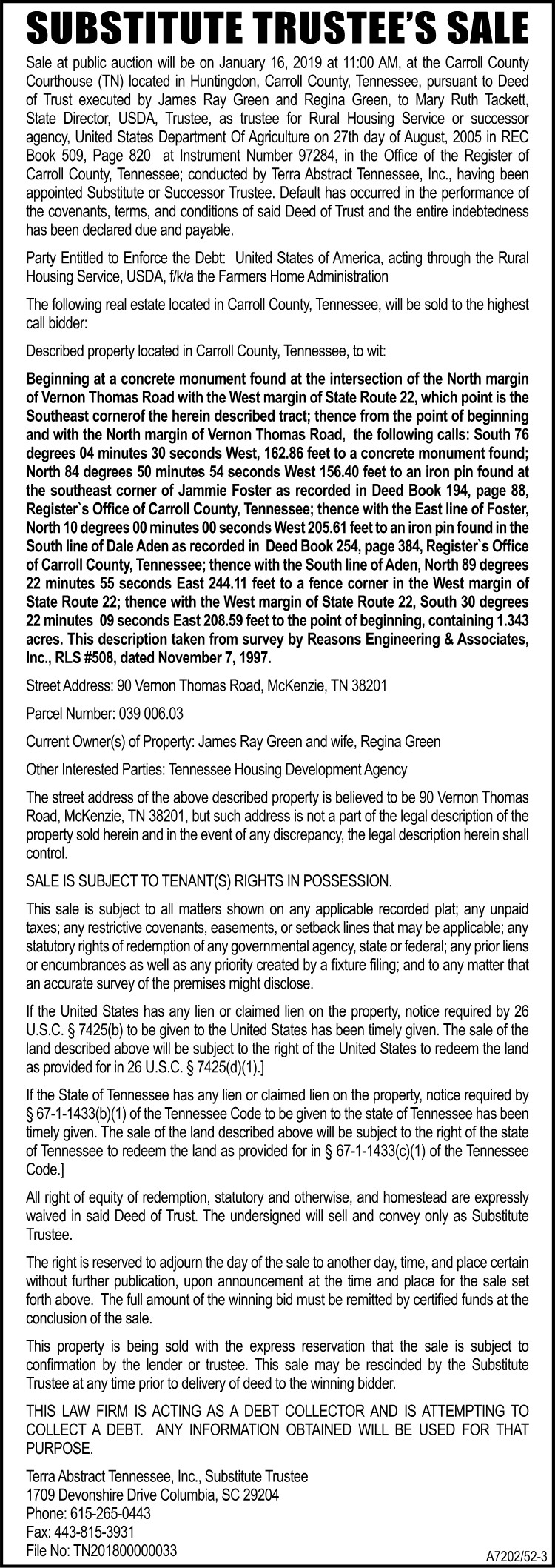 Notice of Substitute Trustee's Sale - GREEN