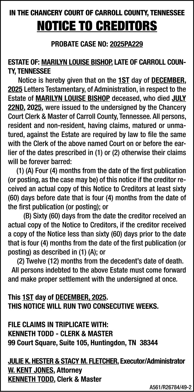 Notice to Creditors - BISHOP