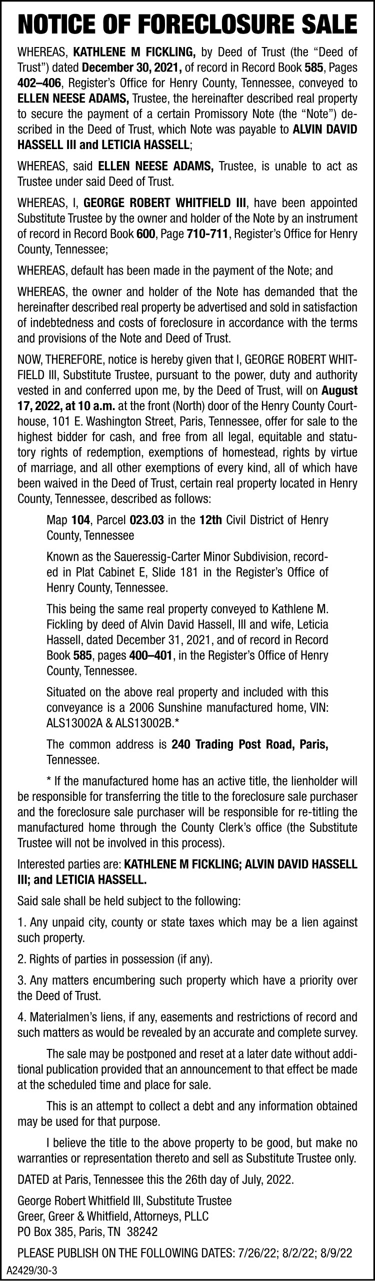 Greer Greer & Whitfield - Foreclosure Notice - HASSELL