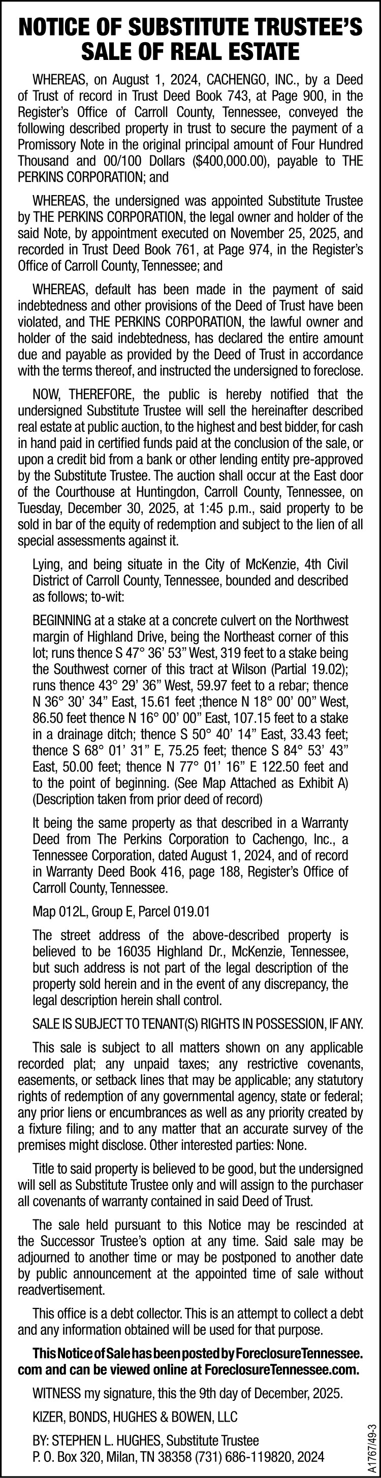 Notice of Substitute Trustees Sale - CACHENGO PERKINS