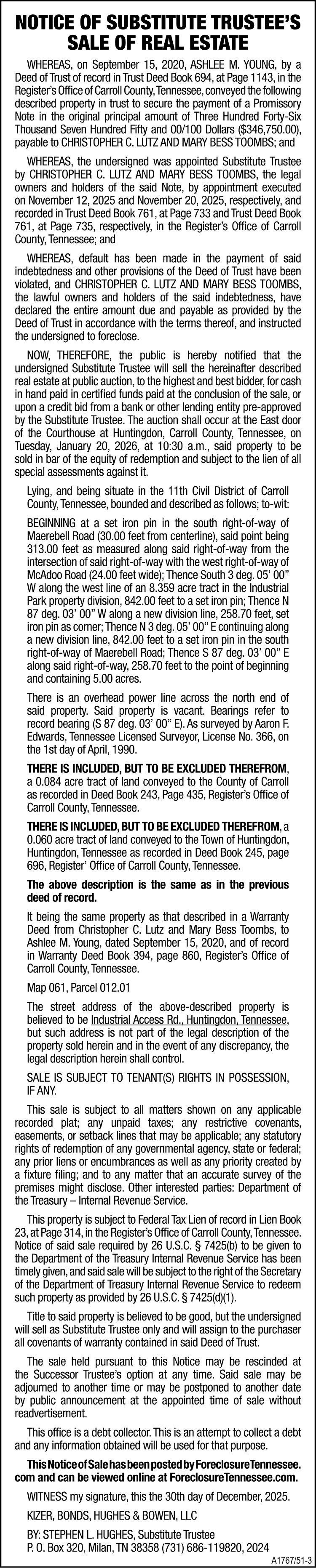 Notice of Substitute Trustees Sale of Real Estate - YOUNG