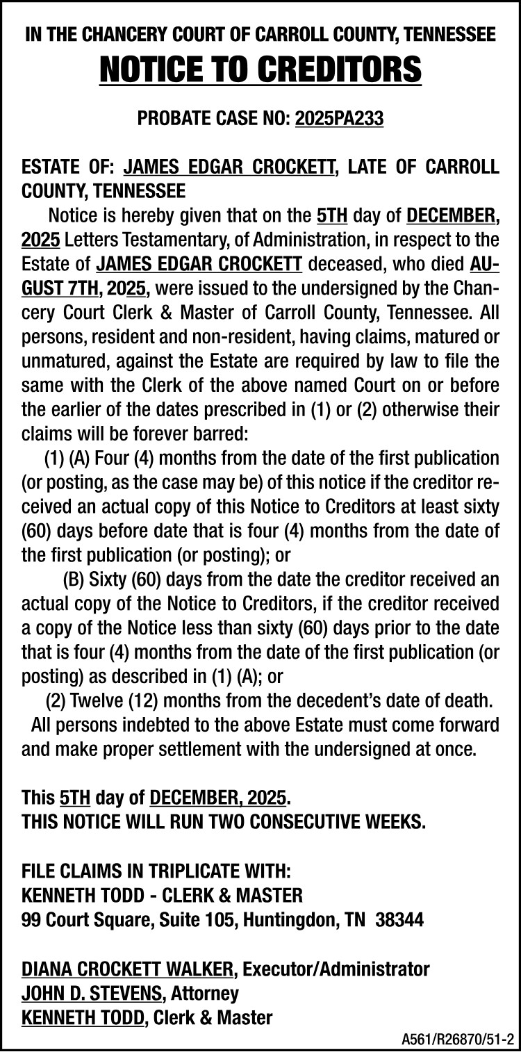 Notice to Creditors - CROCKETT