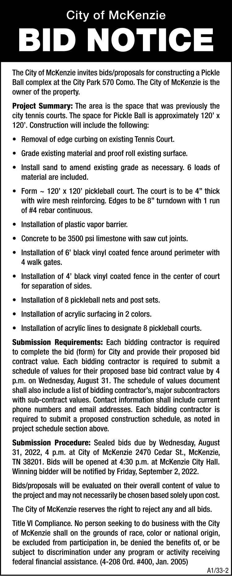 Bid Notice - City of McKenzie Pickle Ball Complex