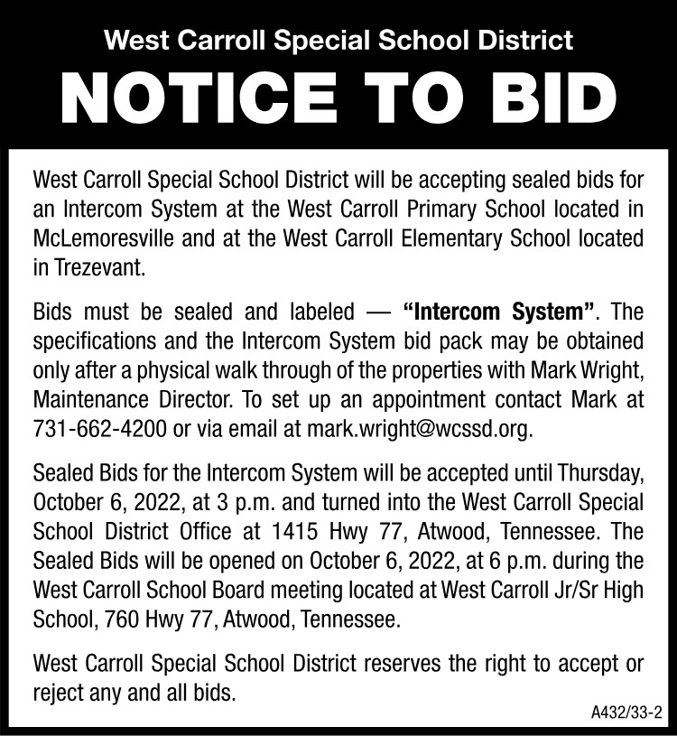 Notice to Bid - West Carroll Intercom System