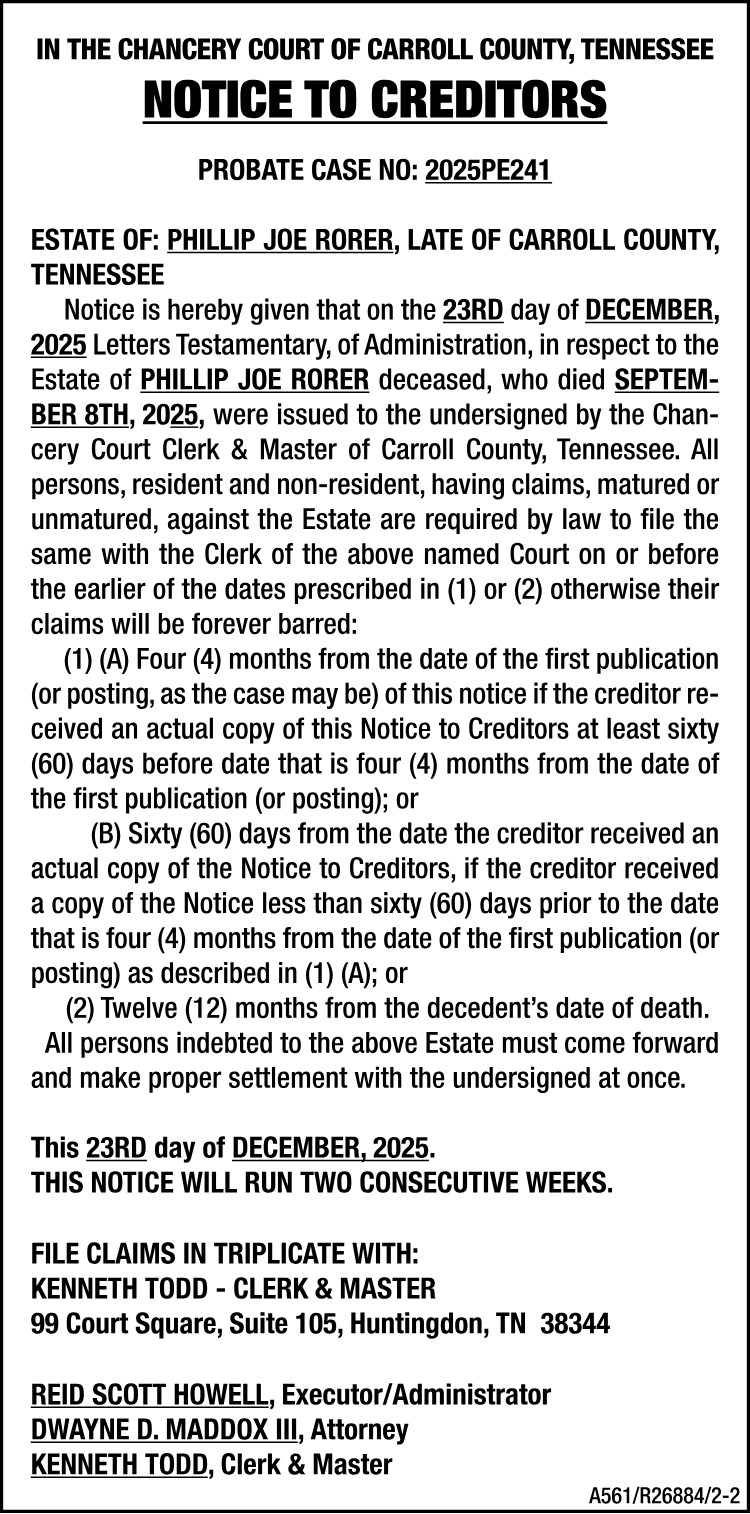 Notice to Creditors - RORER