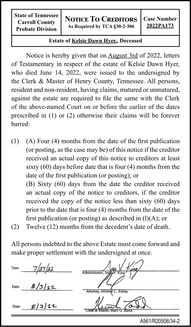 Notice to Creditors - HYER