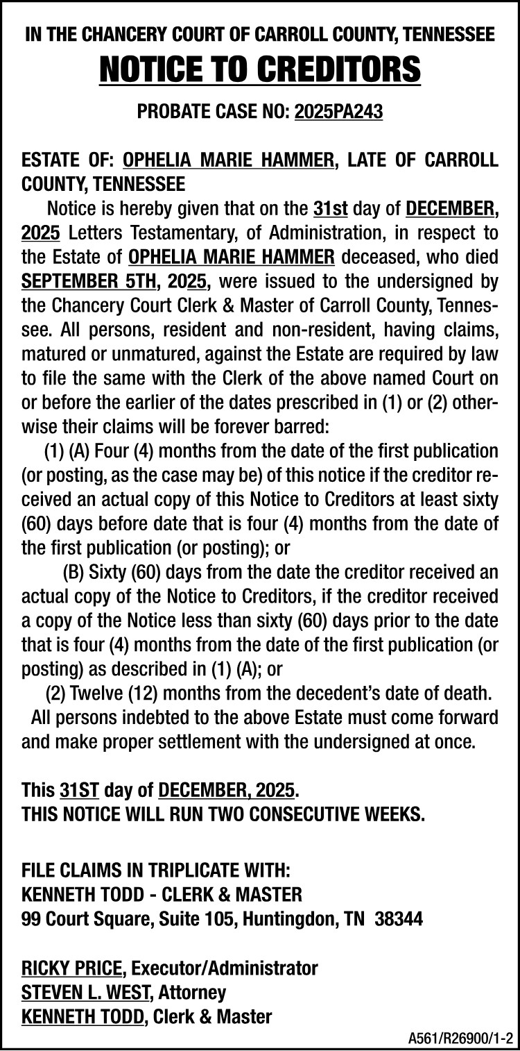 Notice to Creditors - HAMMER