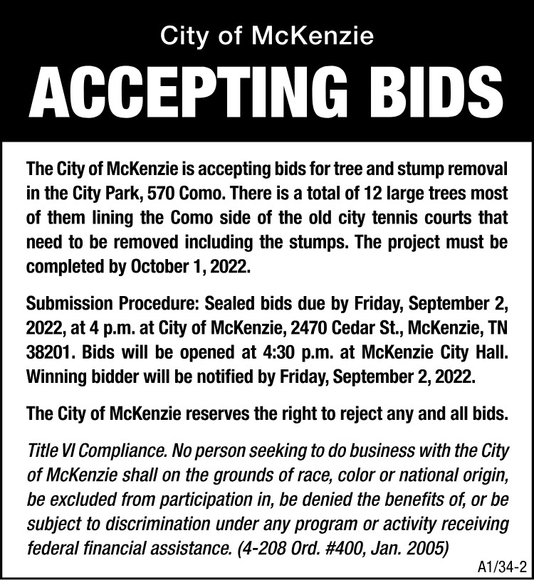 Accepting Bids - City of McKenzie Tree & Stump Removal