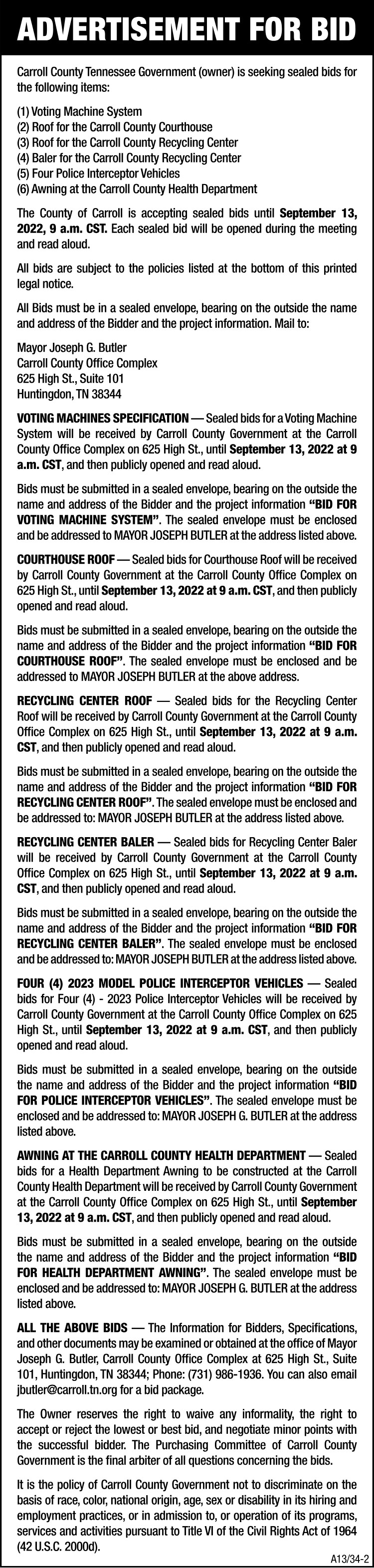 Advertisements for Bid - Carroll County