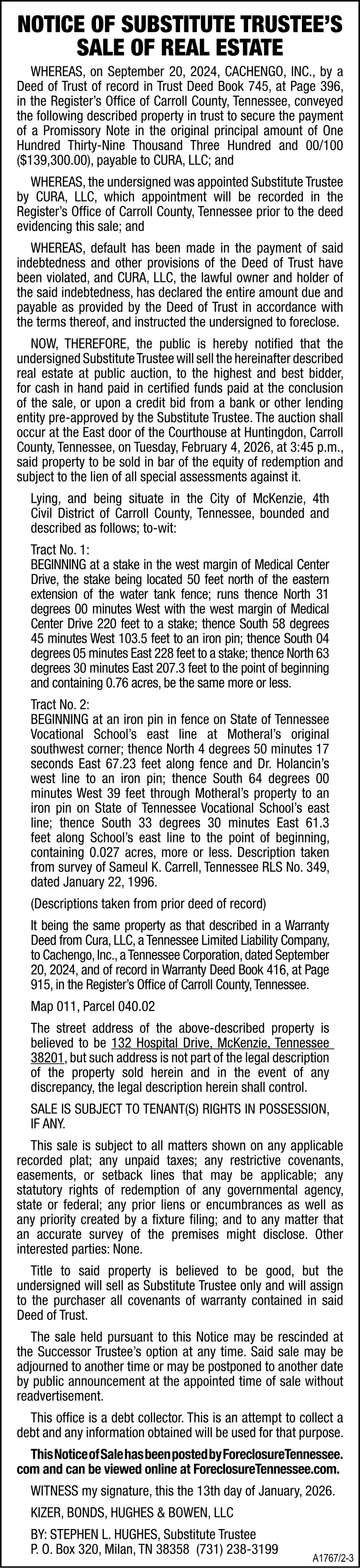 Notice of Substitute Trustees Sale of Real Estate - CURA