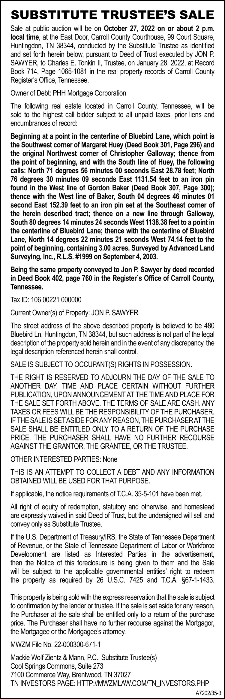 Notice of Substitute Trustee Sale - SAWYER