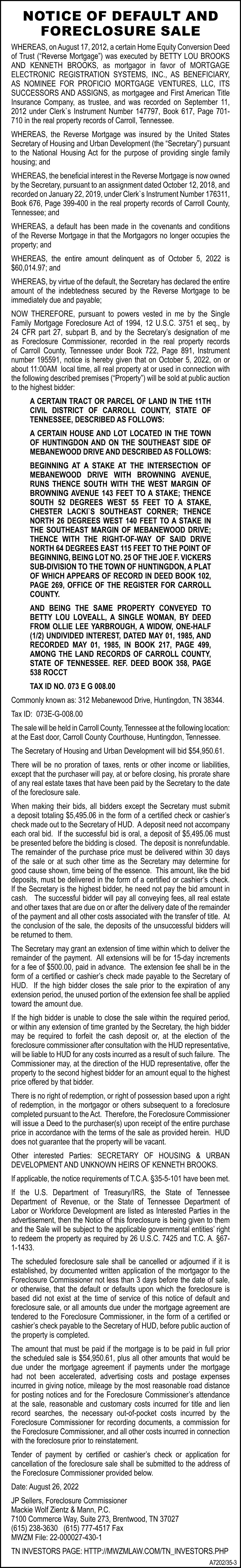 Notice of Substitute Trustee Sale - Brooks