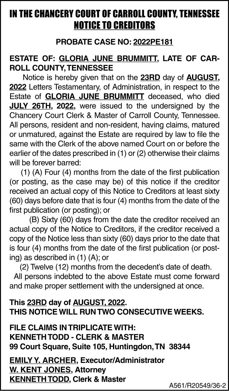 Notice to Creditors - BRUMMITT