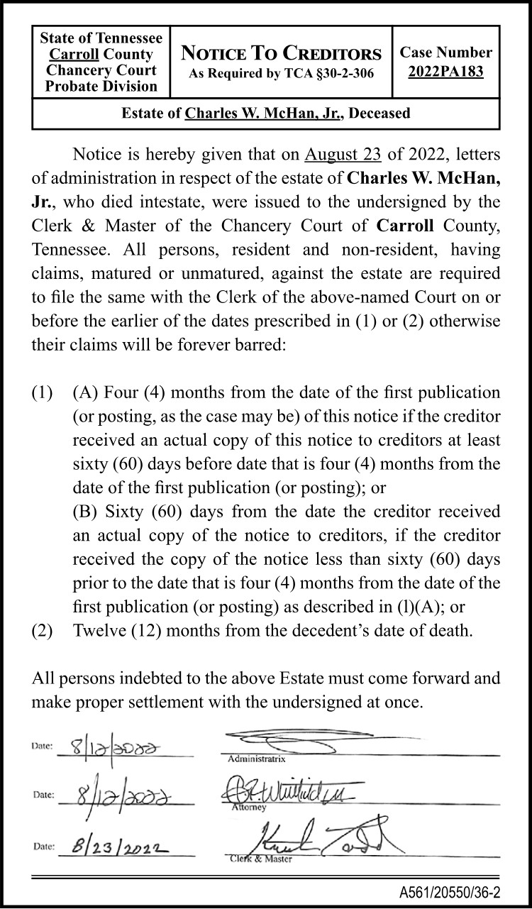 Notice to Creditors - McHAN
