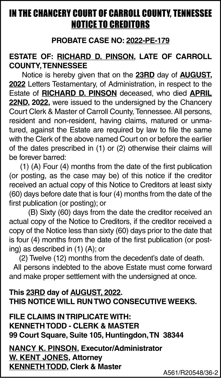 Notice to Creditors - PINSON