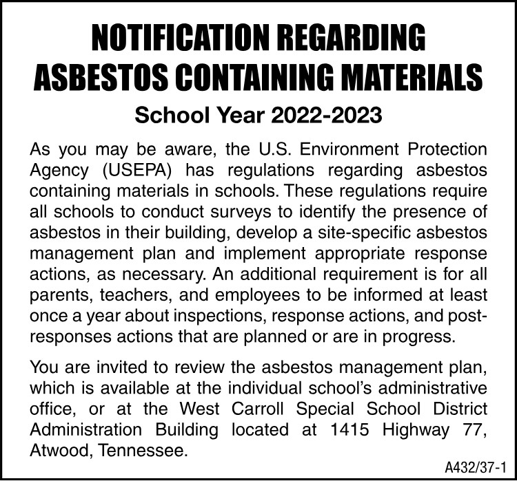 Notification Regarding Asbestos Containing Materials