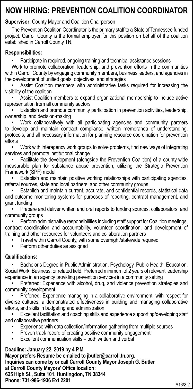 Carroll County Job Opening - Prevention Coalition Coordinator