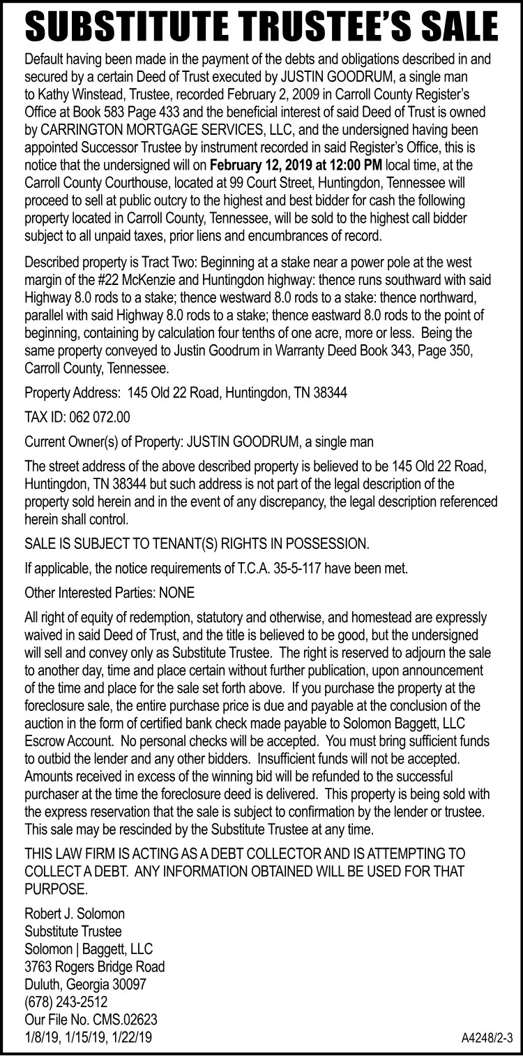 Notice of Substitute Trustee's Sale - JUSTIN GOODRUM