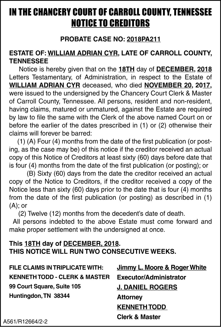 Notice to Creditors - CYR