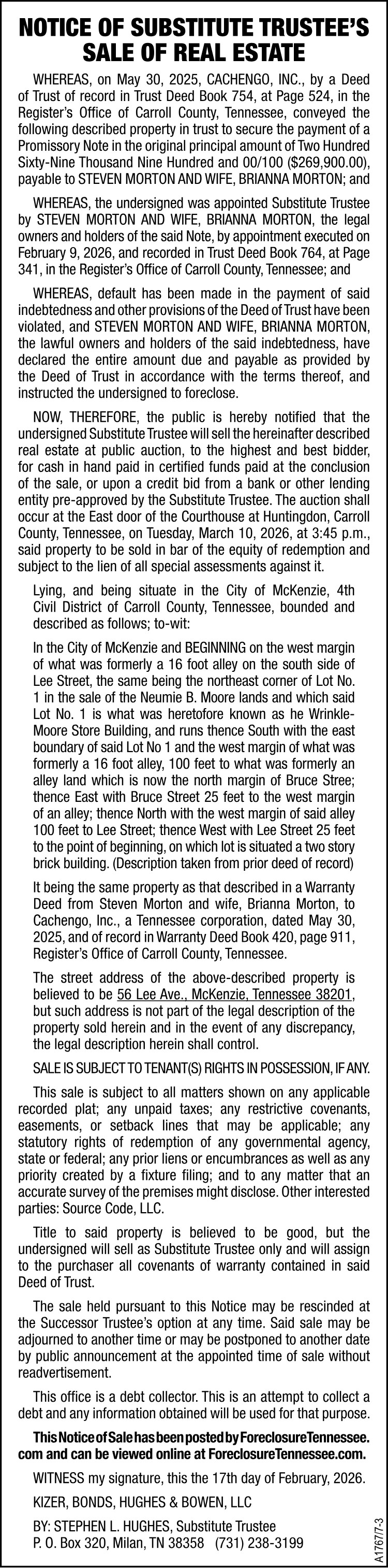Notice of Substitute Trustees Sale - MORTON