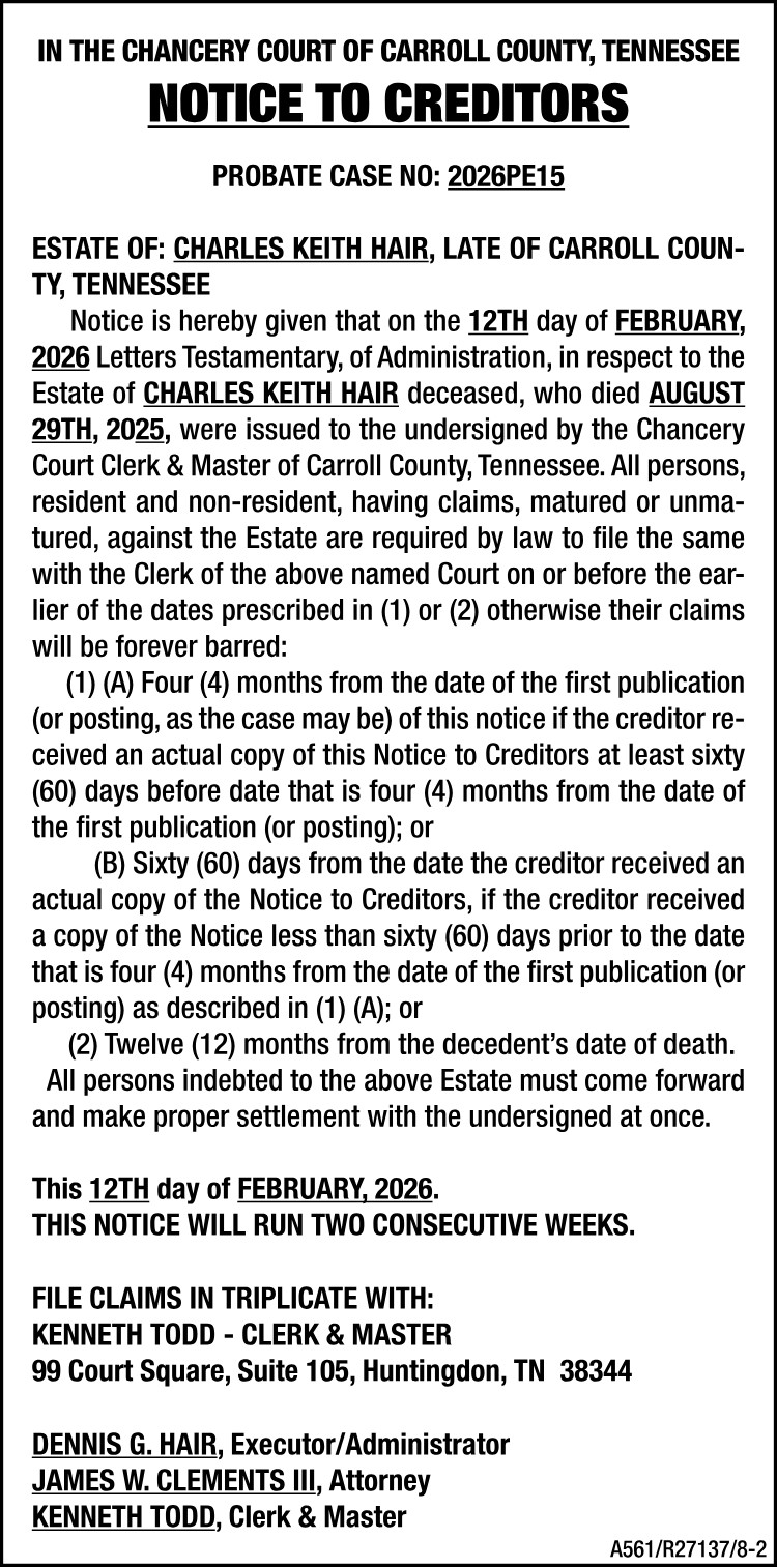 Notice to Creditors - HAIR