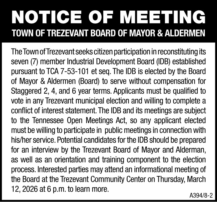 Notice of Meeting - Town of Trezevant