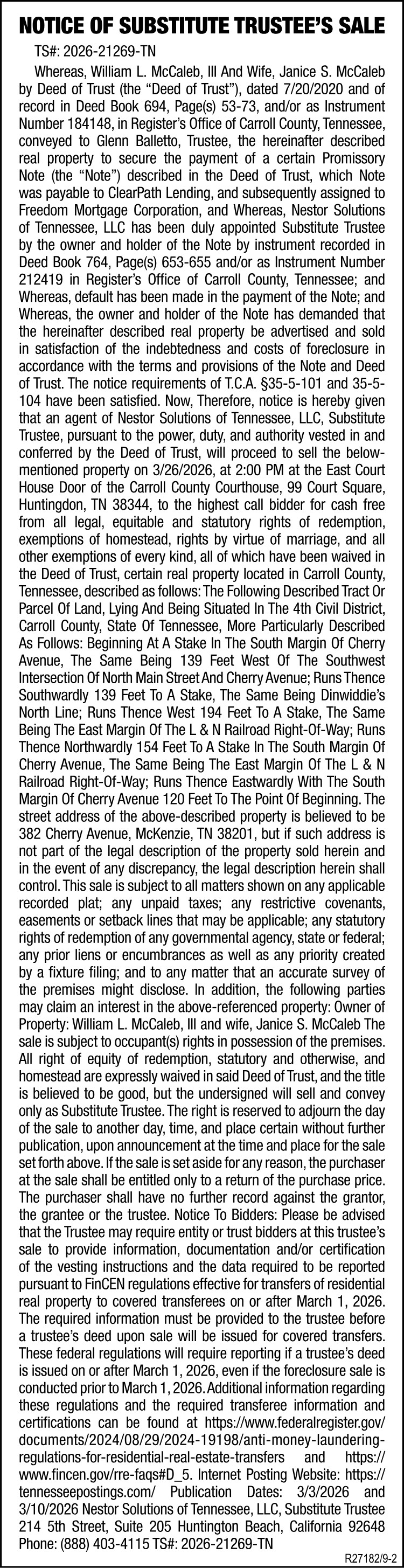 Notice of Substitute Trustees Sale - McCALEB