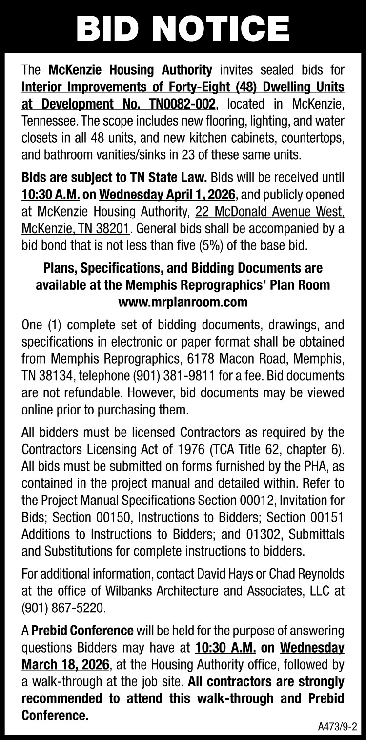 Bid Notice - McKenzie Housing Authority Interior Improvements