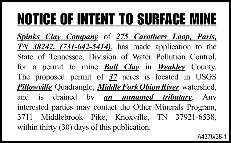 Notice of Intent to Surface Mine - Spinks Clay