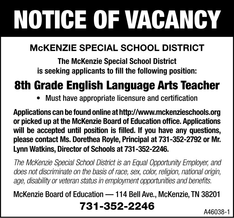 Notice of Vacancy - MSSD 8th Grade Language Arts Teacher