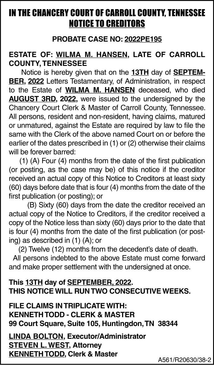 Notice to Creditors - CHATHAM