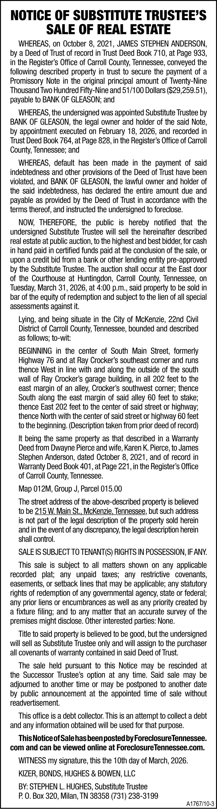 Notice of Substitute Trustee's Sale - ANDERSON
