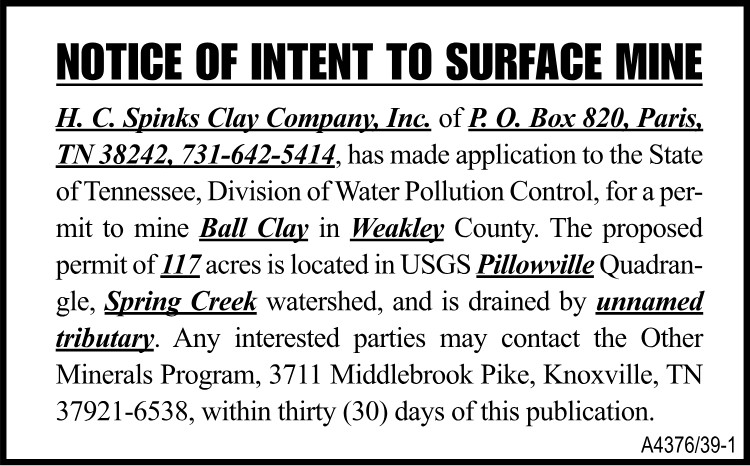 Notice of Intent to Surface Mine - HC Spinks Clay