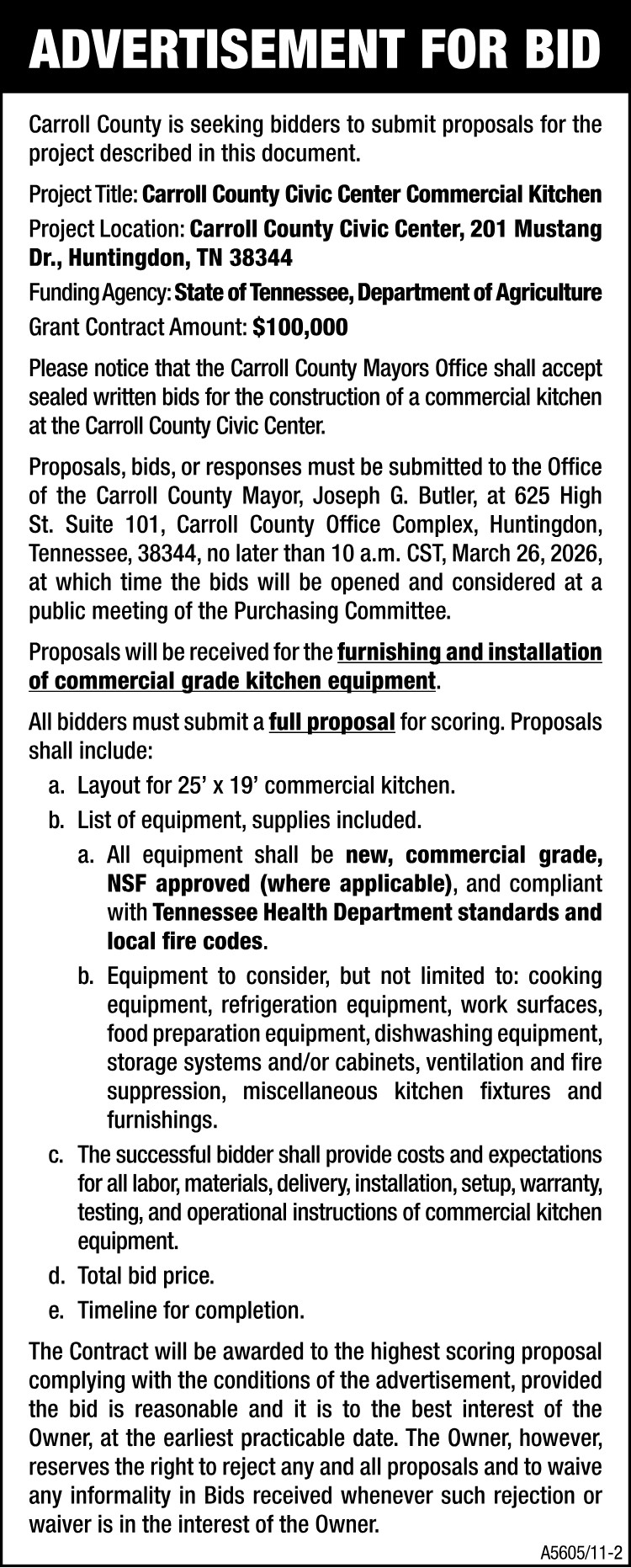 Advertisement for Bid - Civic Center Kitchen