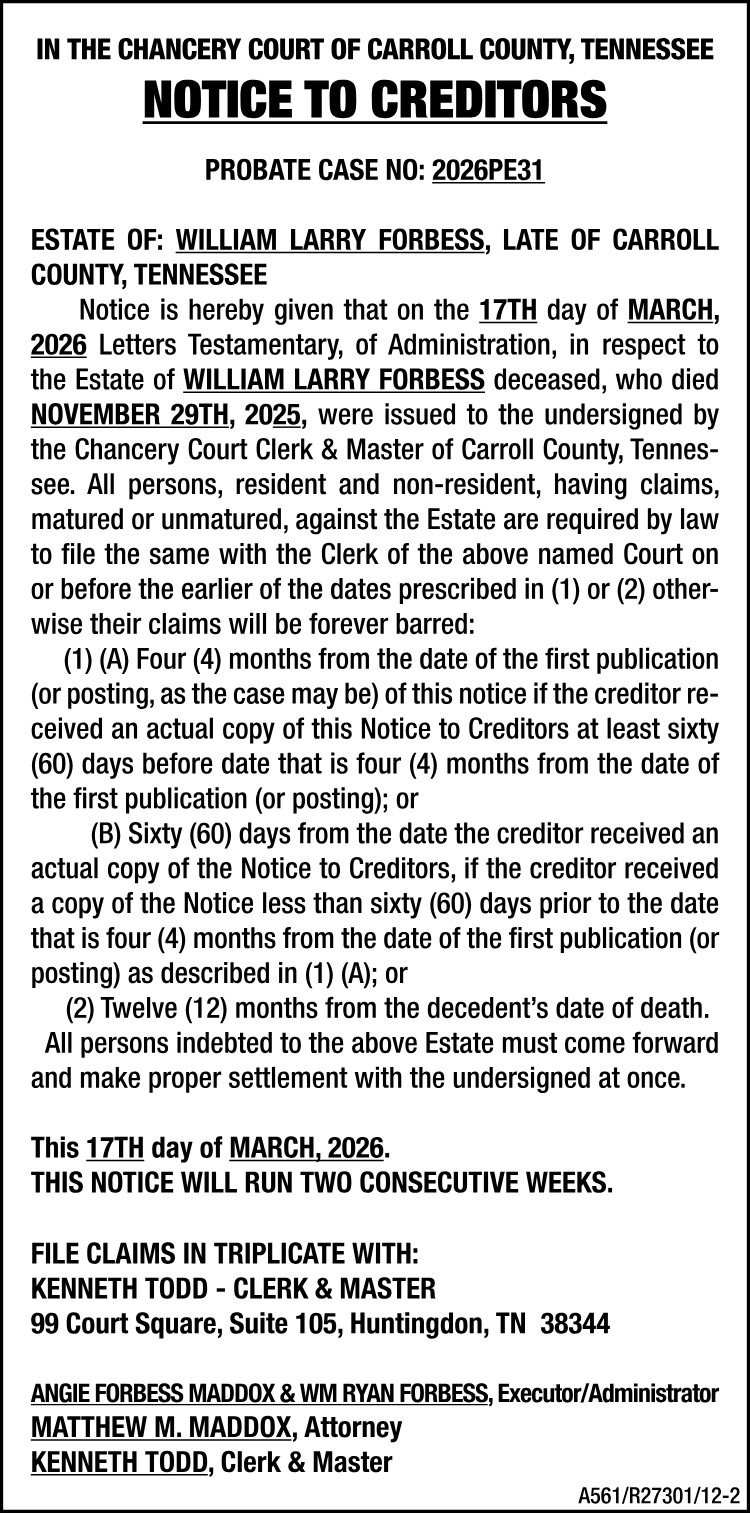 Notice to Creditors - FORBESS
