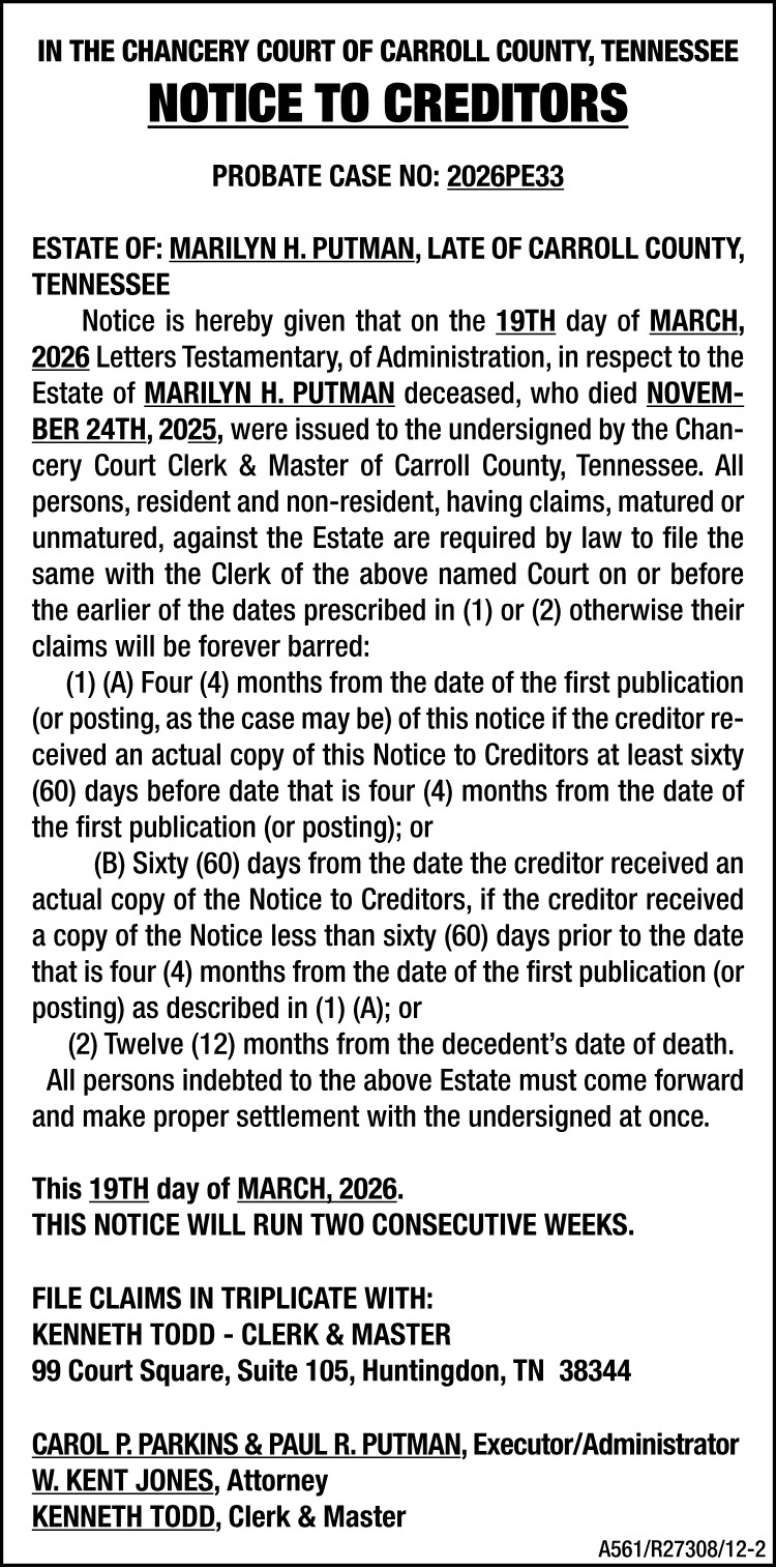 Notice to Creditors - PUTMAN