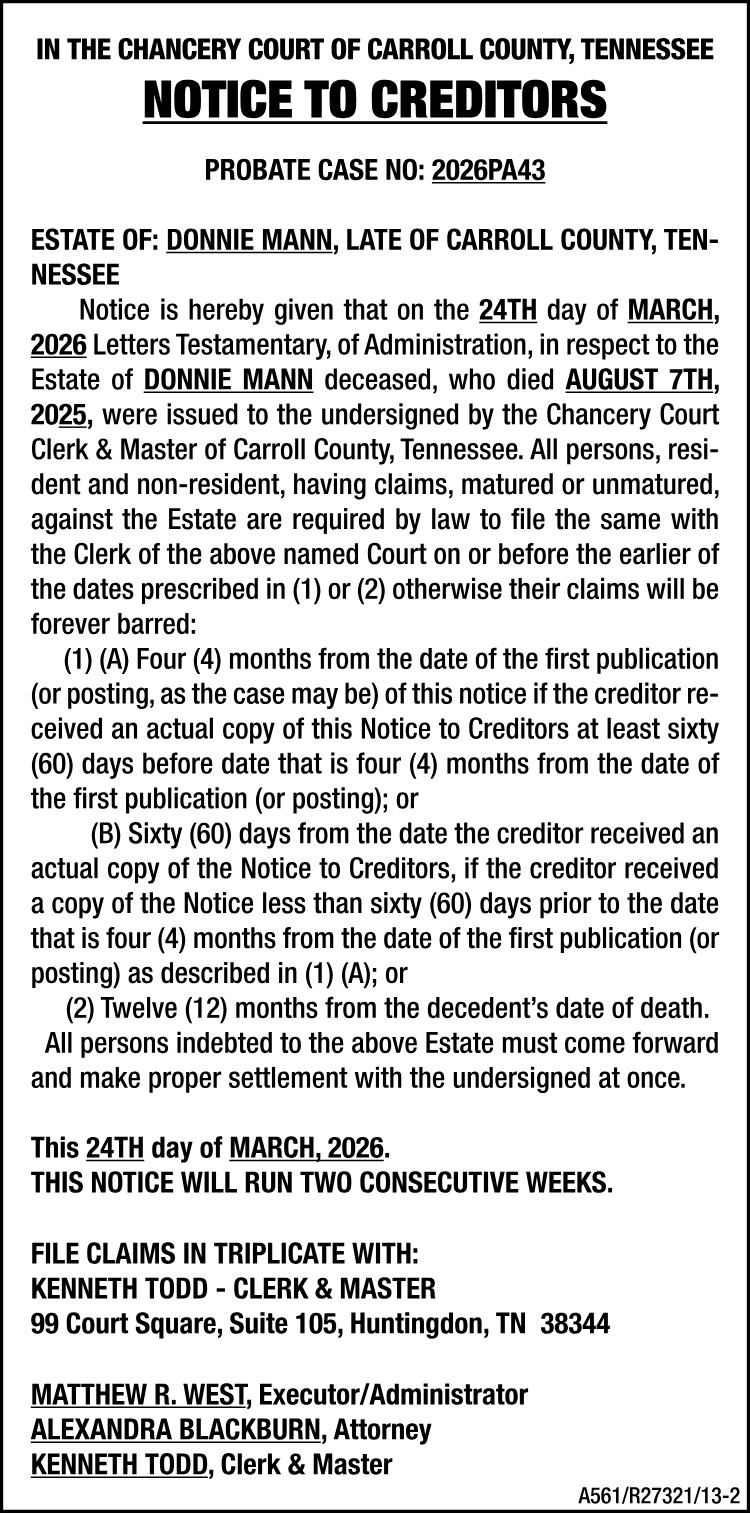 Notice to Creditor - MANN