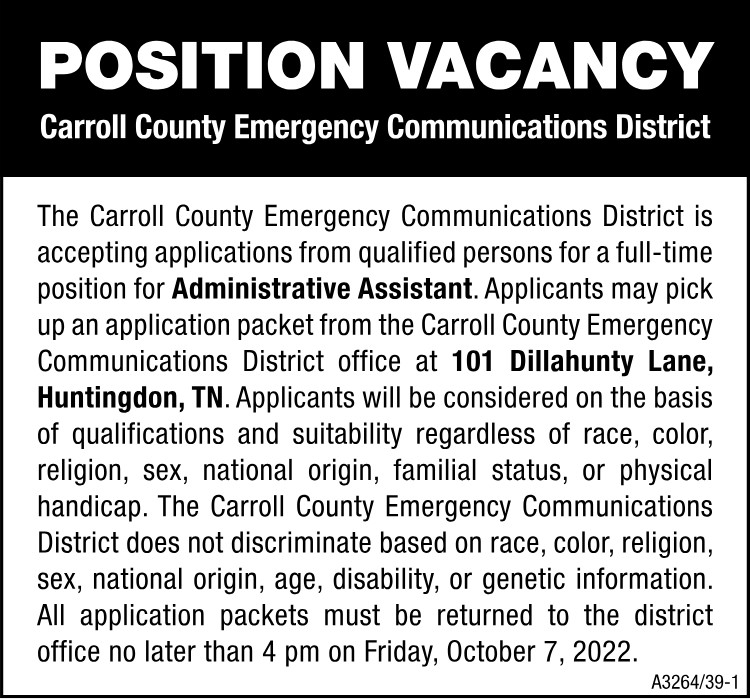 Position Vacancy - Carroll County E911 Administrative Assistant