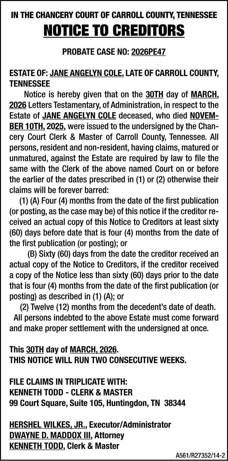 Notice to Creditors - COLE