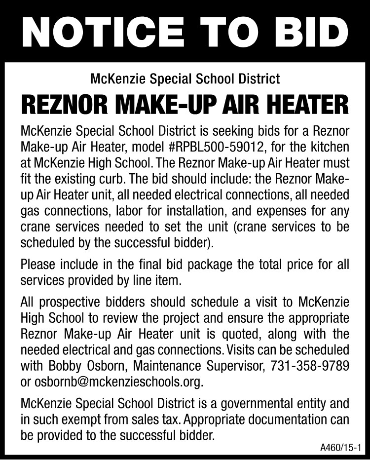 Notice to Bid - MSSD Reznor Make-up Air Heater