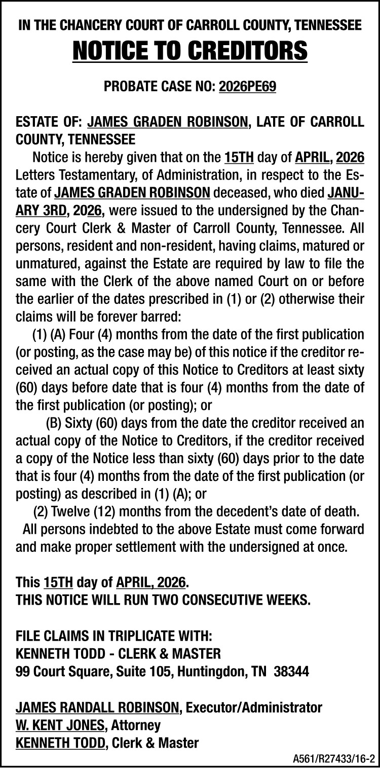 Notice to Creditors - ROBINSON