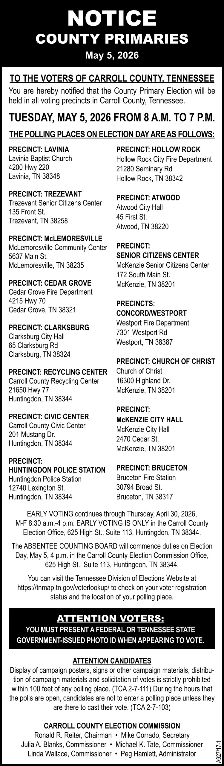 Notice - Carroll County Election Polling Places