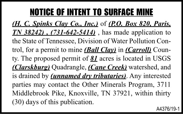 Notice of Intent to Surface Mine - HC Spinks Clay
