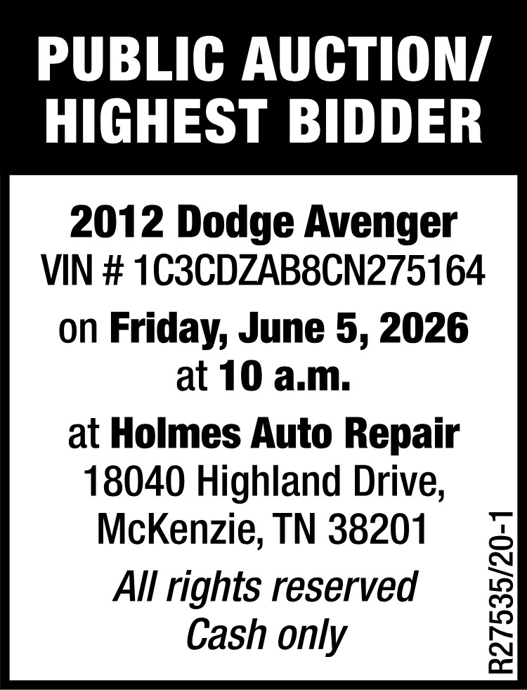 Public Auction - 2012 Dodge Avenger