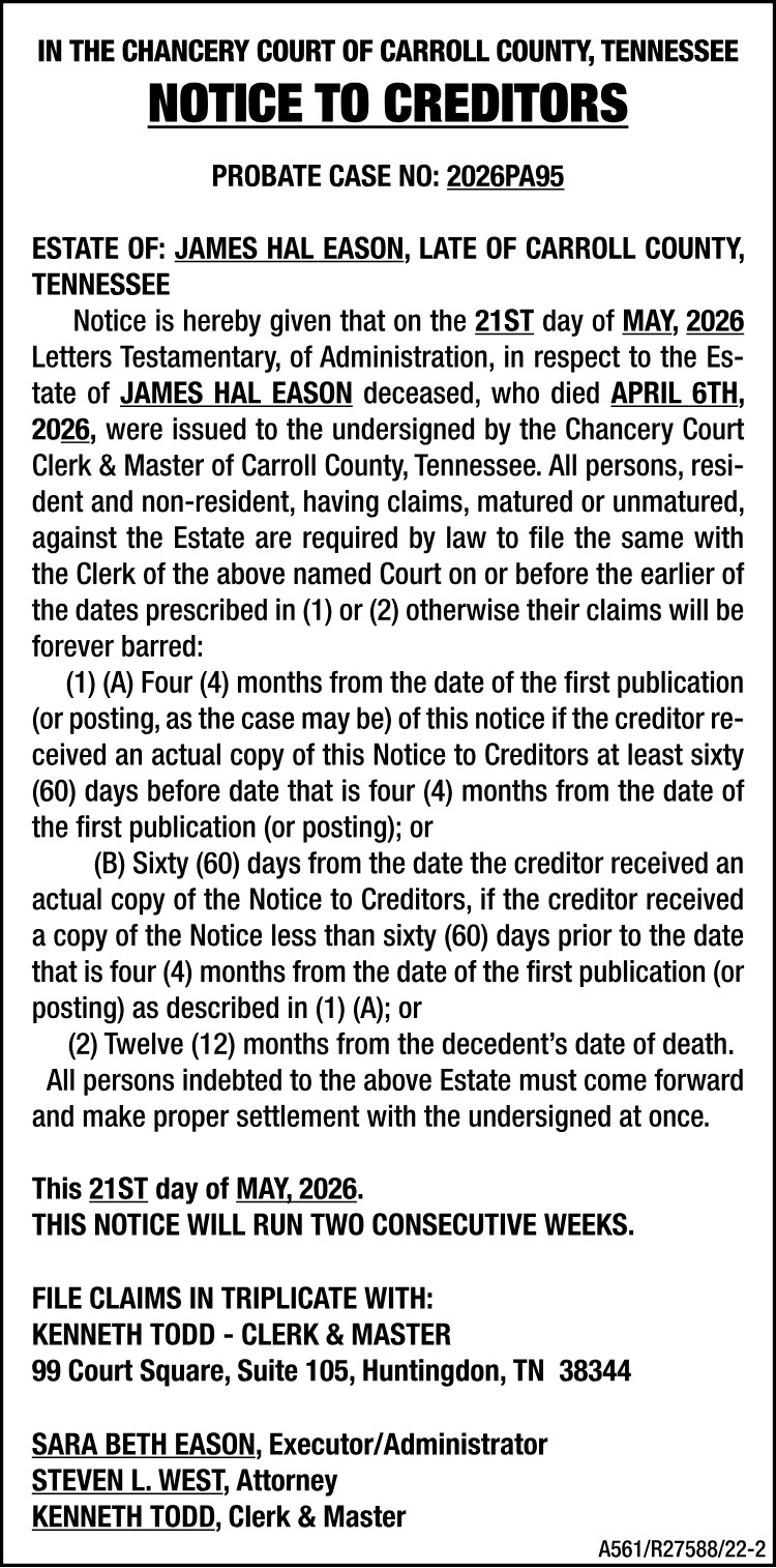 Notice to Creditors - EASON