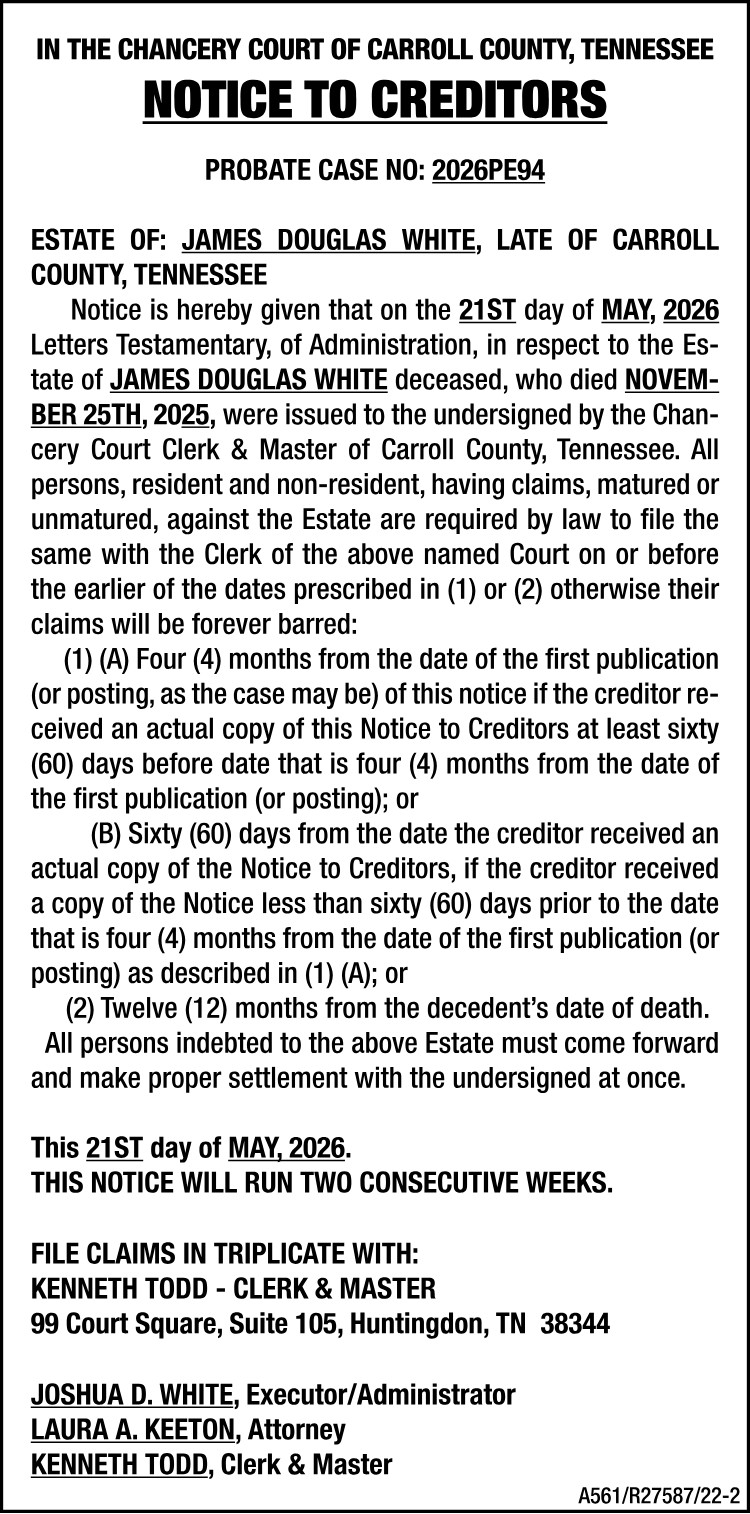 Notice to Creditors - WHITE