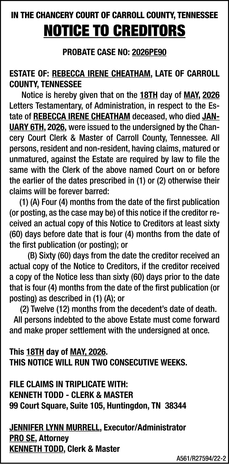 Notice to Creditors - CHEATHAM